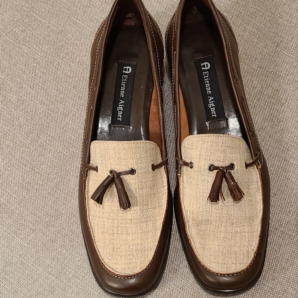 Etienne Aigner Glance Brown Textile and Leather Tassel Loafers Size 8M